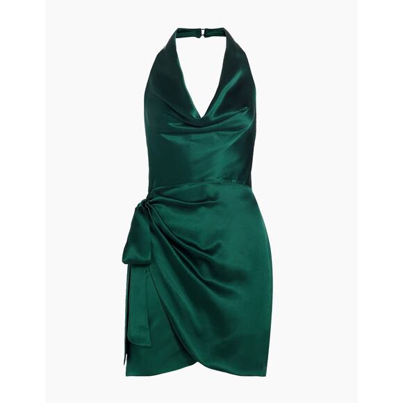 Amanda Uprichard Martine Silk Halter Green Mini Dress Cowl Neck Open Back - XL - Picture 5 of 7